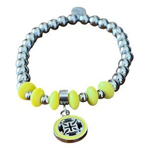 Rustic Cuff Stretch Stainless & Silicone Enamel Logo Bracelet Yellow & Silver